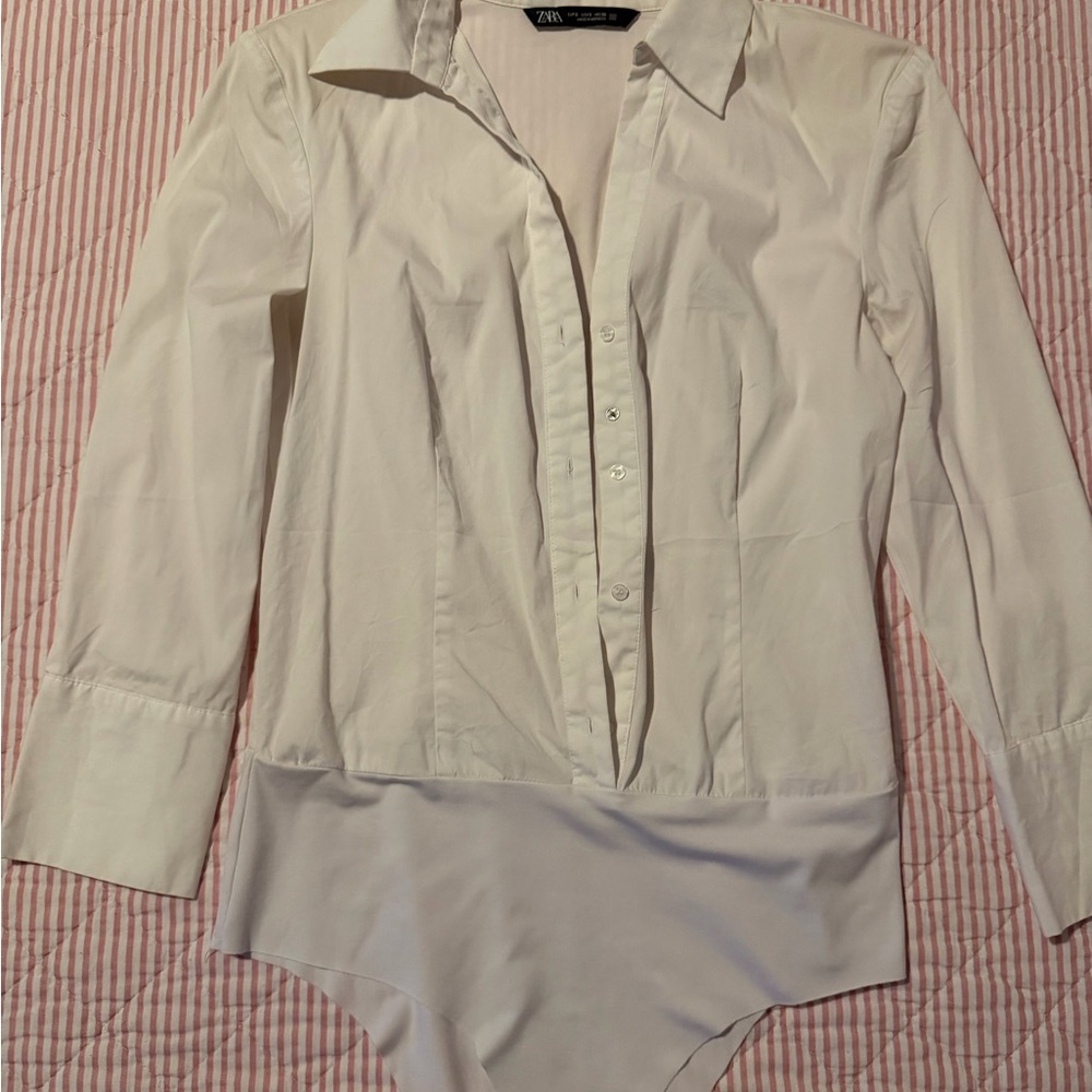 Zara White Long-Sleeve Collared Bodysuit